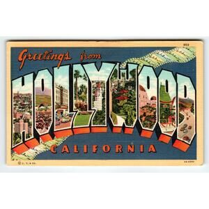 Hollywood California Vintage 1940's Large Letter Linen Postcard Greetings From